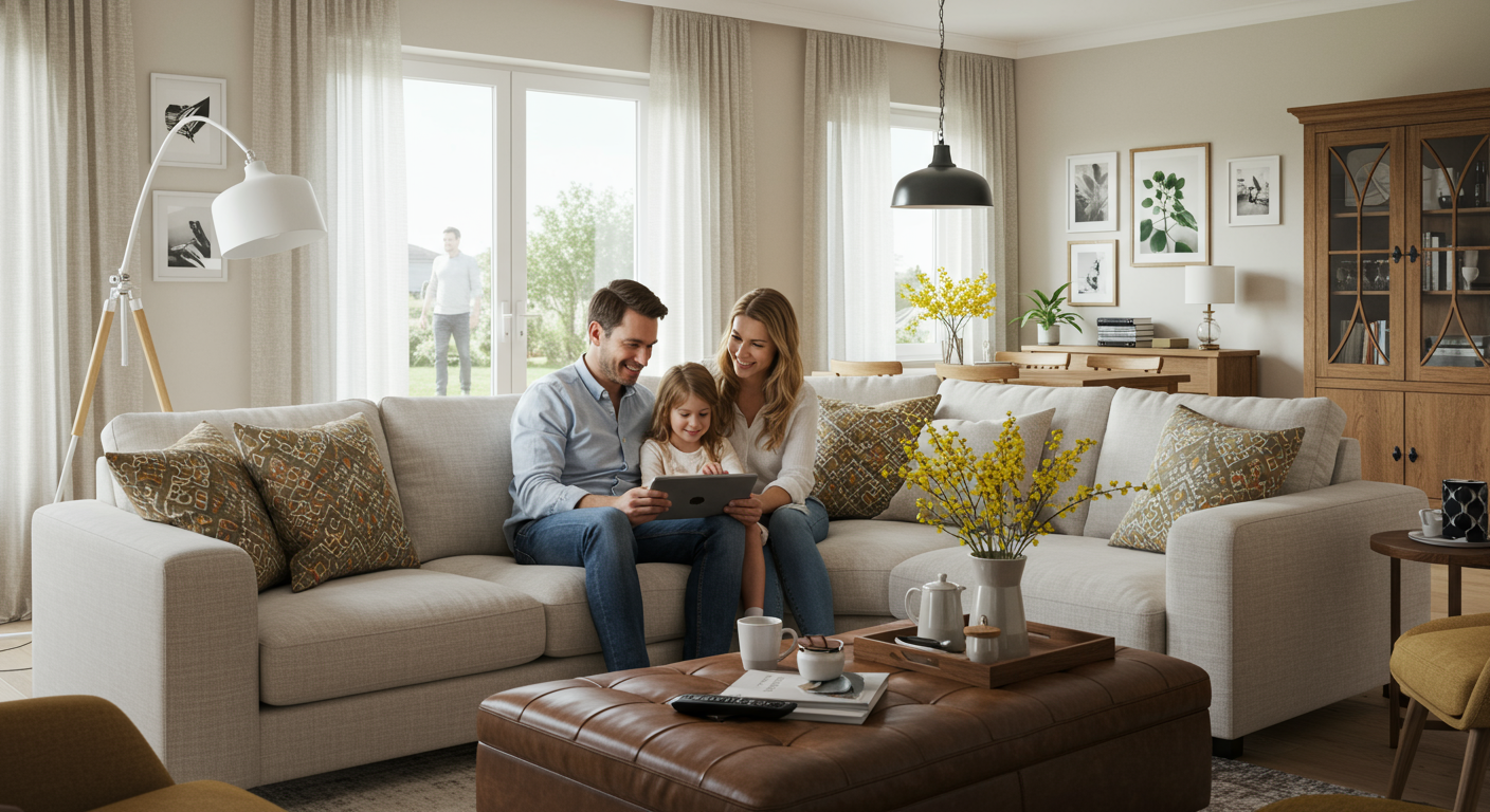 Happy family at home in a light and bright living room