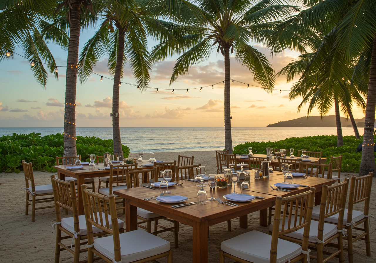 Several tables set for dinner with the ocean behind.