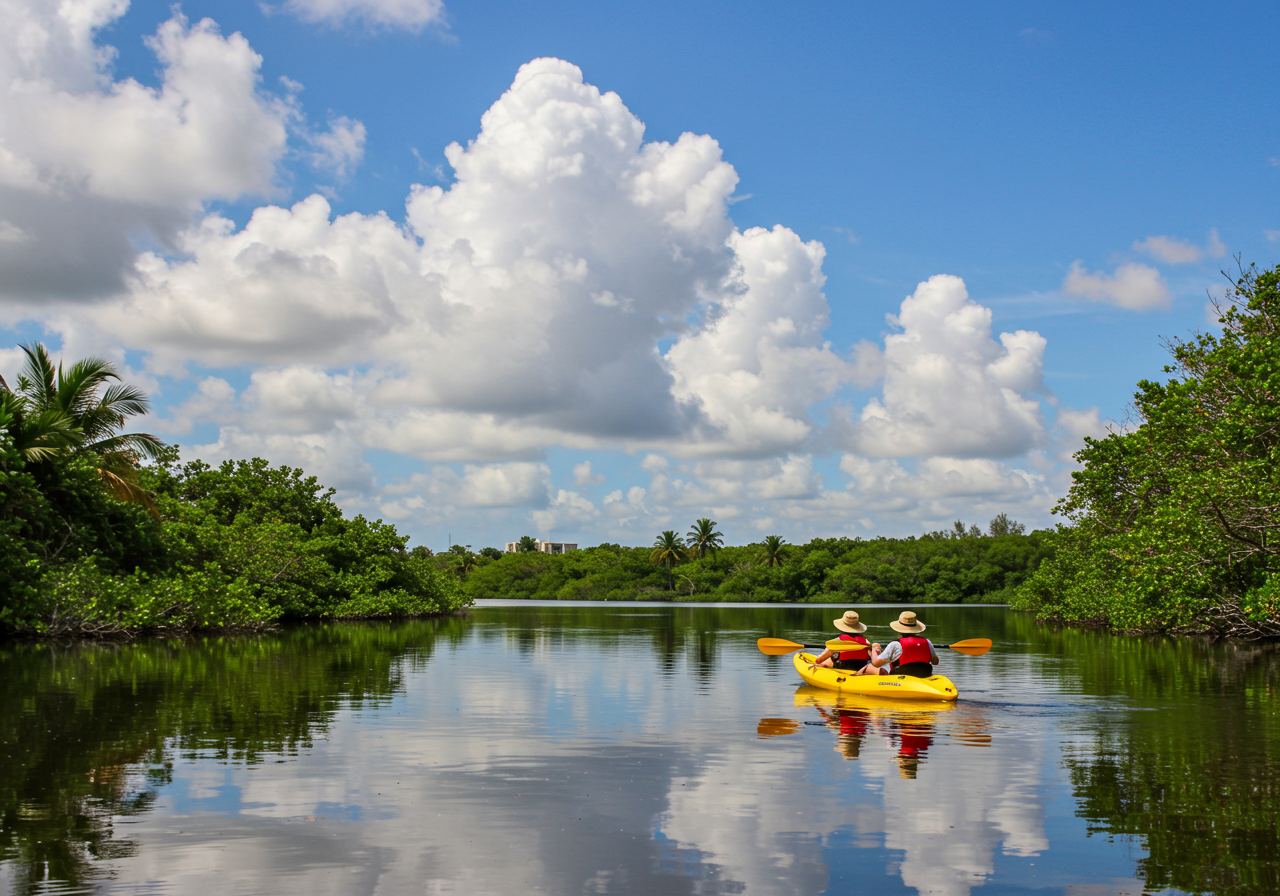 Kayakers reflected in the waters of Lovers Key State Park, Florida, USA.