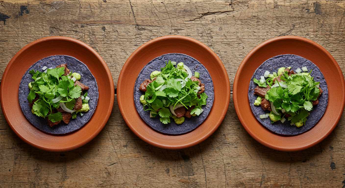 Three plates of gourmet tacos on wooden table, each taco garnished with fresh herbs and vegetables.