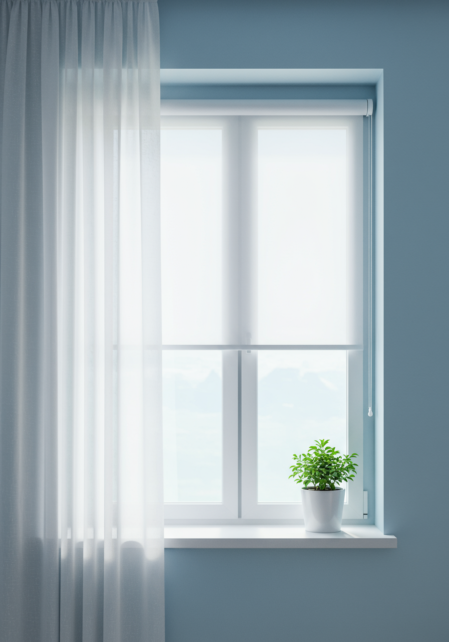 Window with white shade and sheer curtain