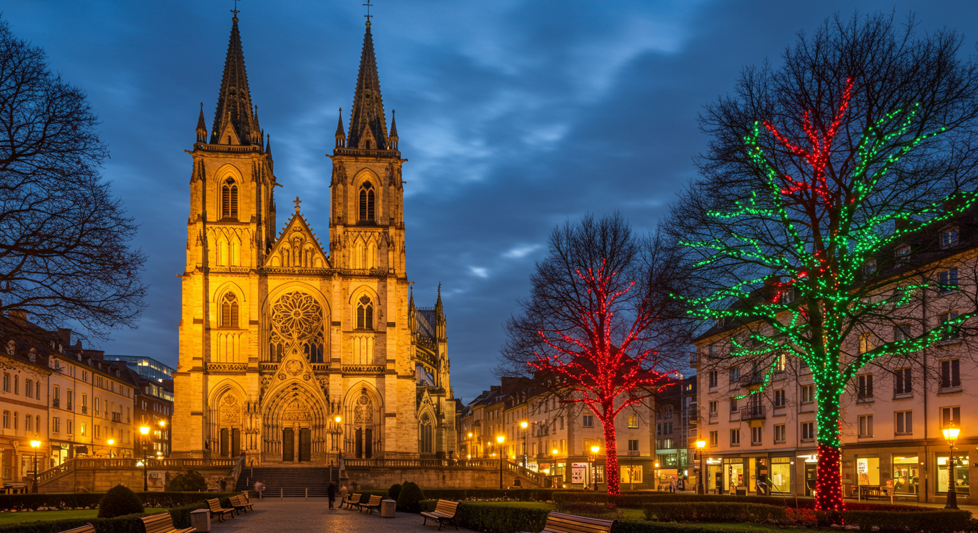 Holiday lights adorn the trees in Huntington Park, which is adjacent to Grace Cathedral in San Francisco, CA.
