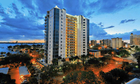 A luxury high-rise condo in a coastal community