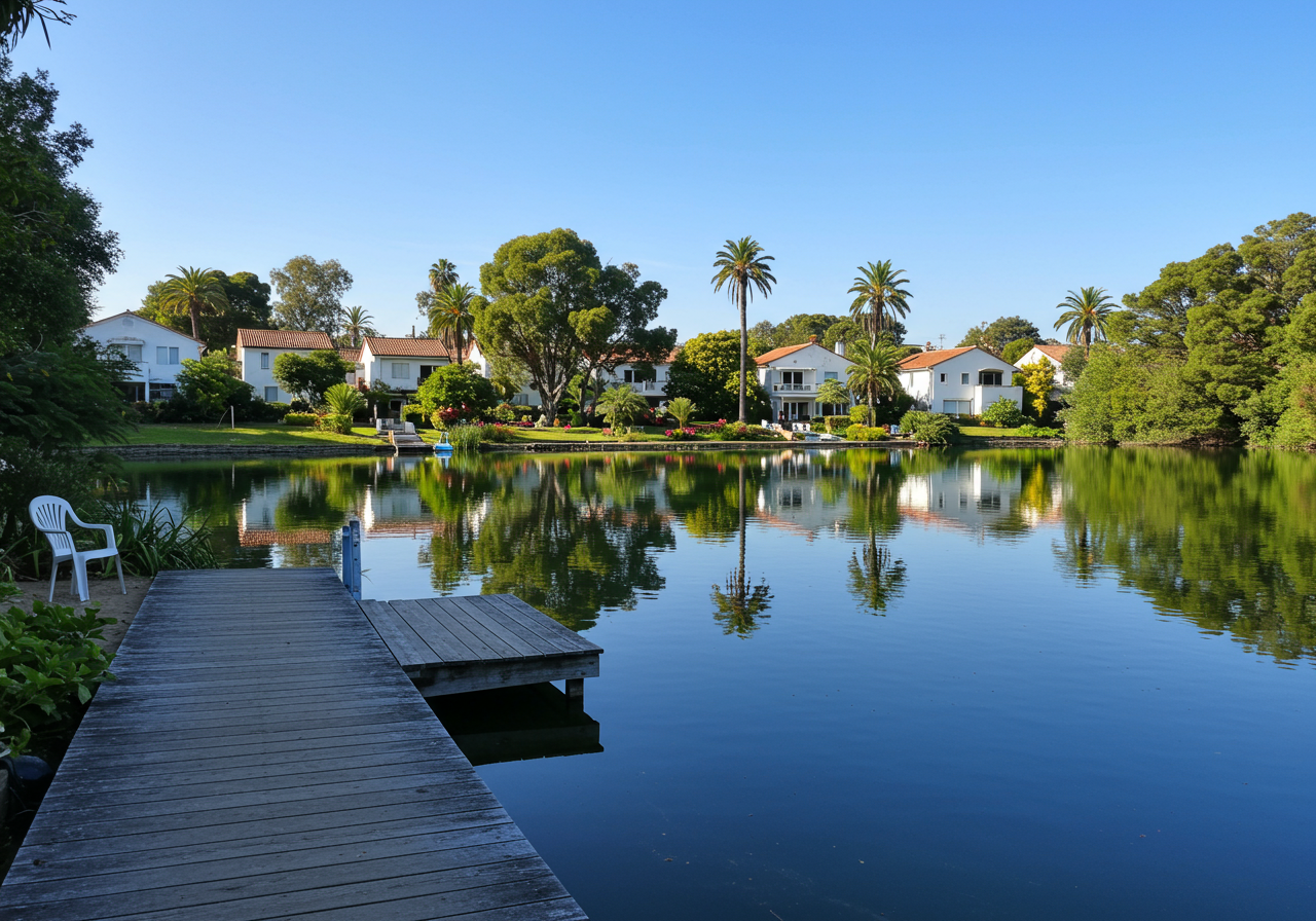 Dock on Lake Forest lake with view of homes
