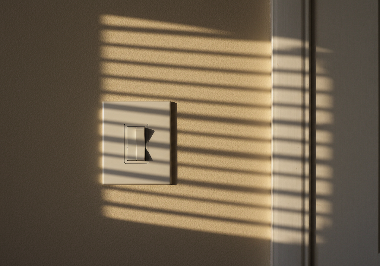 Afternoon light and shadows on a light switch inside a house