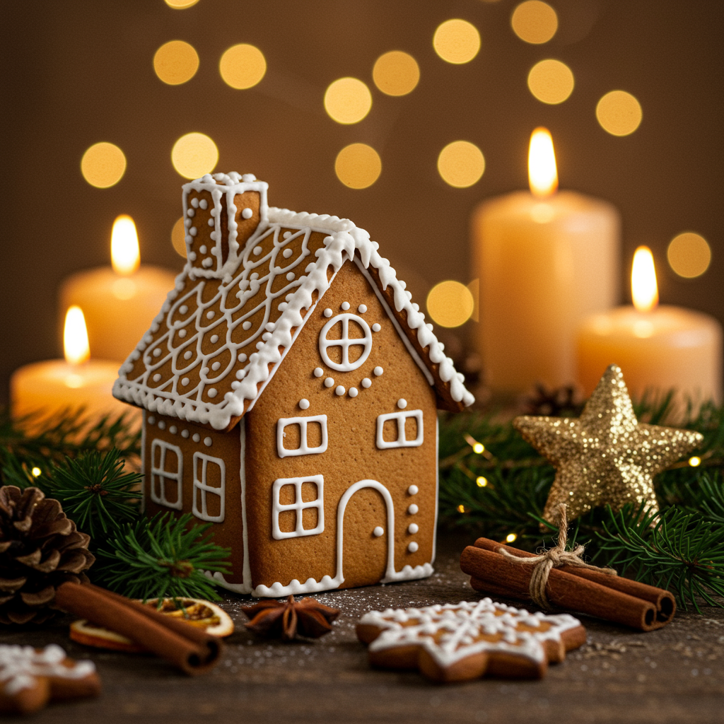 delicious homemade baked gingerbread house with white icing rustic style, white wooden background, candles and christmas lights as decor cozy home atmosphere, festive mood, holiday inspiration