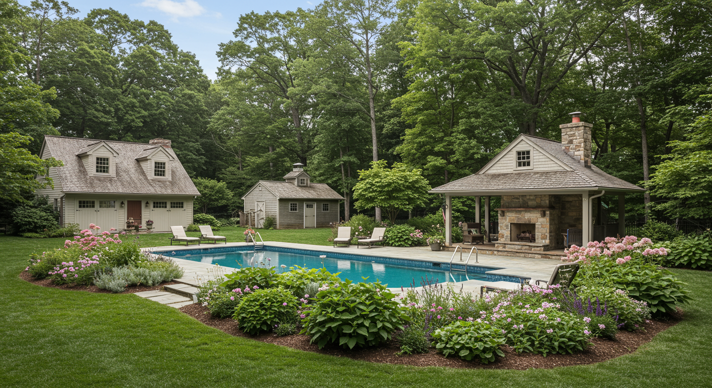 Backyard pool bordered by flowering gardens, with a stone pavilion and mature trees.