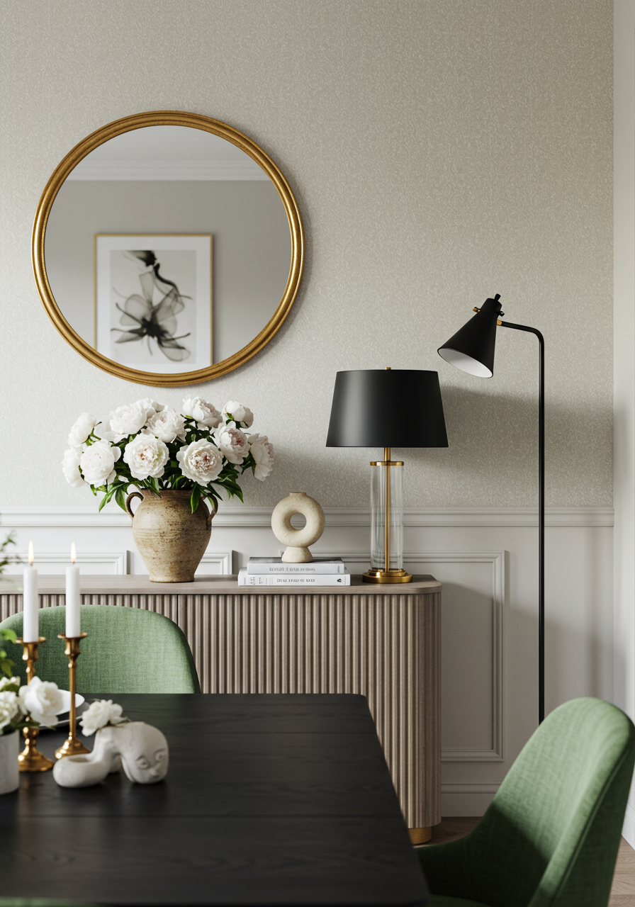 Round gold mirror with lucite floor lamp with black lampshade and ceramic vases.