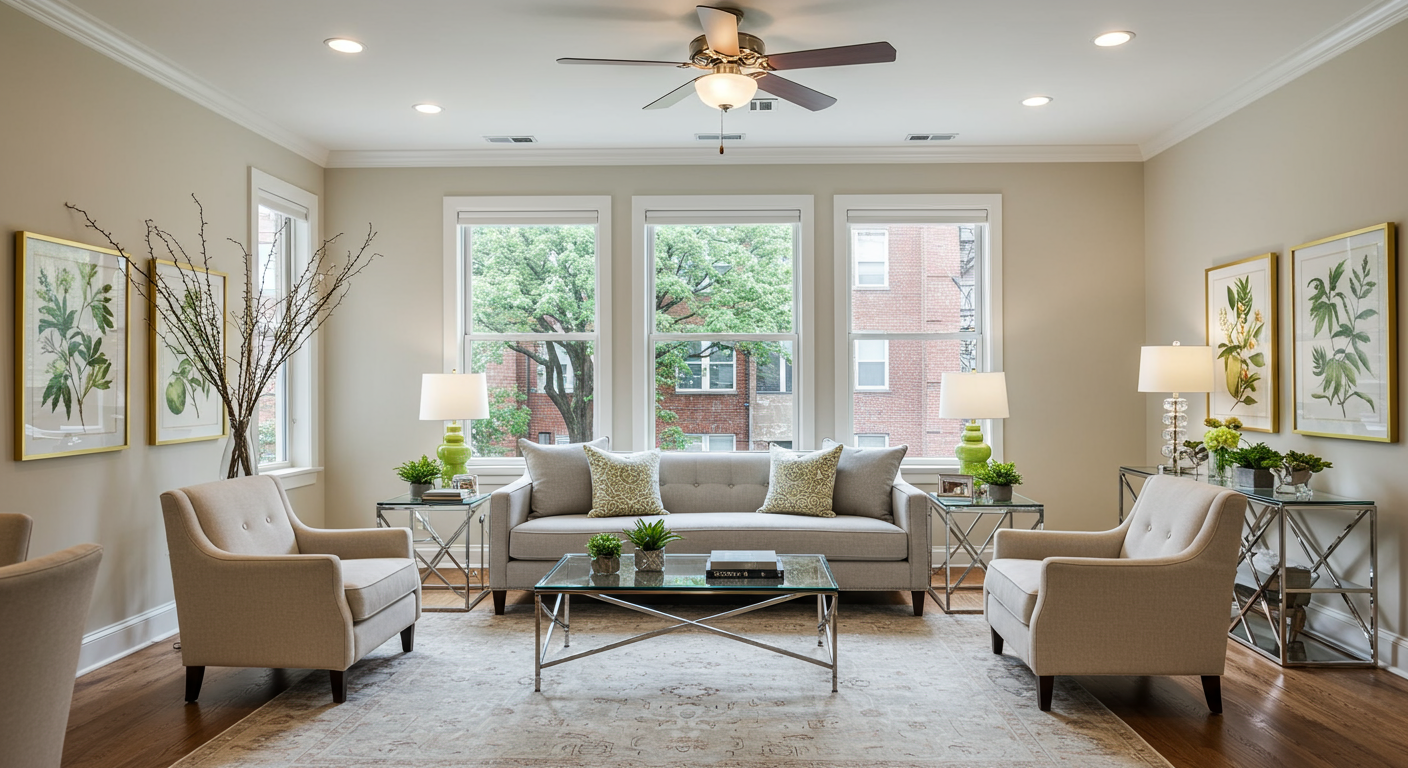 a living room with a rug and chairs