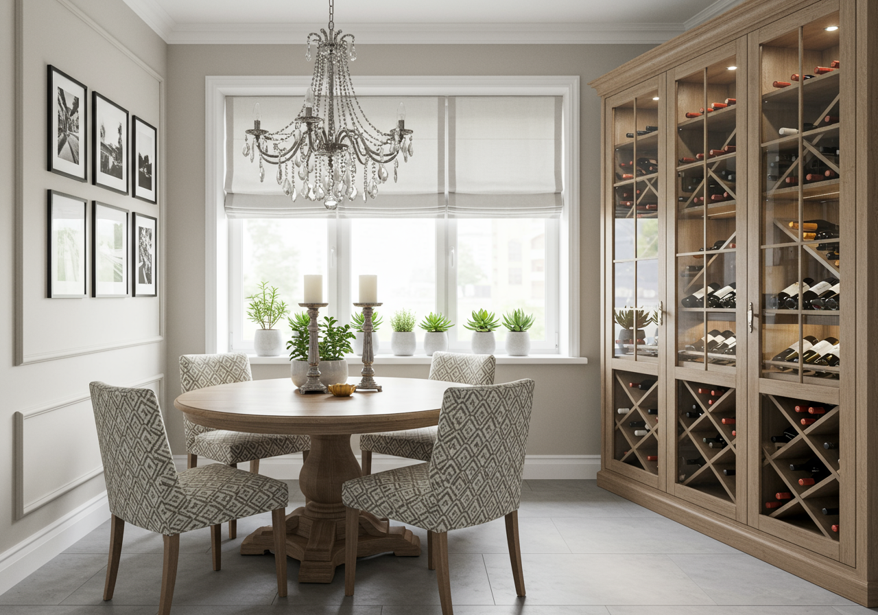 Dining room with a round table, chandelier, and large glass-front wine cabinet.