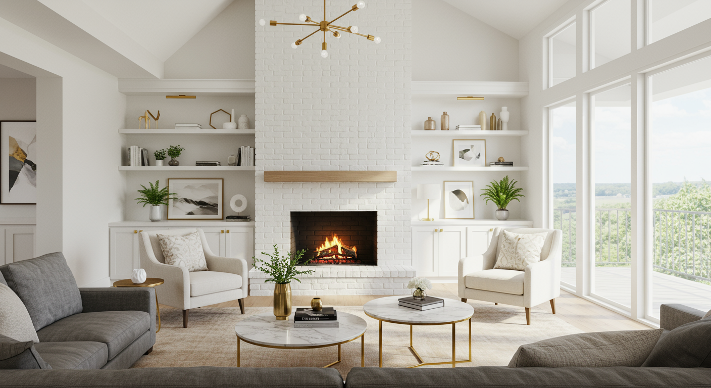 Staged living room with a white brick fireplace, built-in shelves, and tall windows overlooking greenery.