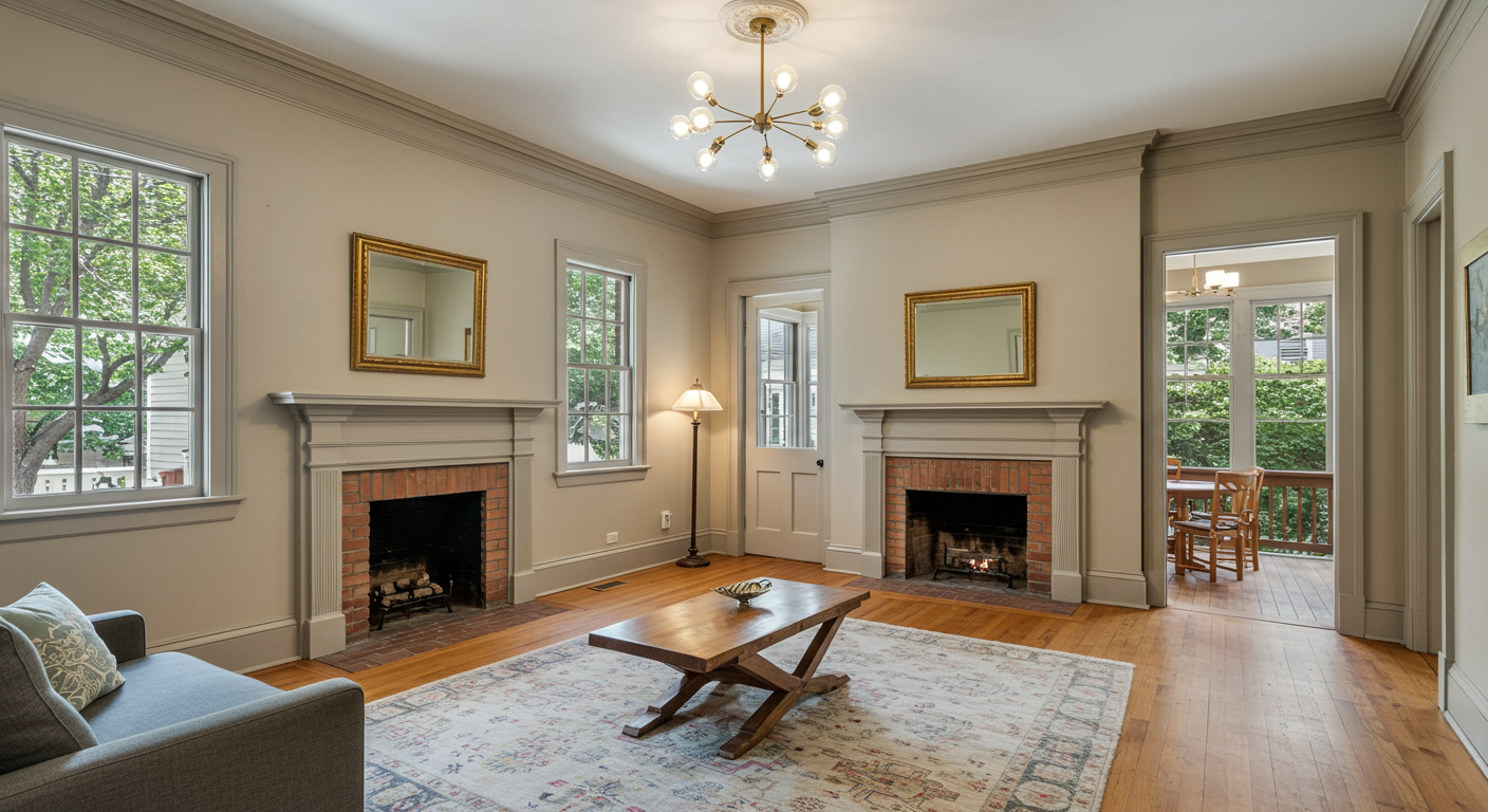 Living room with two brick fireplaces, hardwood floors, and large windows overlooking trees.