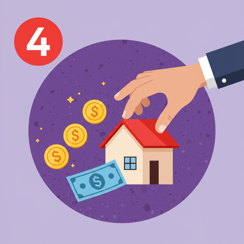 Home and money illustration with a hand placing the house beside coins and a banknote.