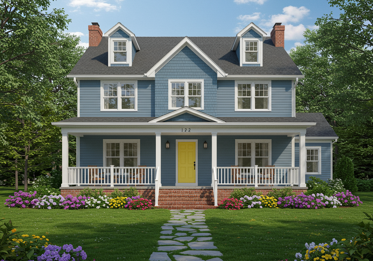 a small cute house with a yellow door and large front porch