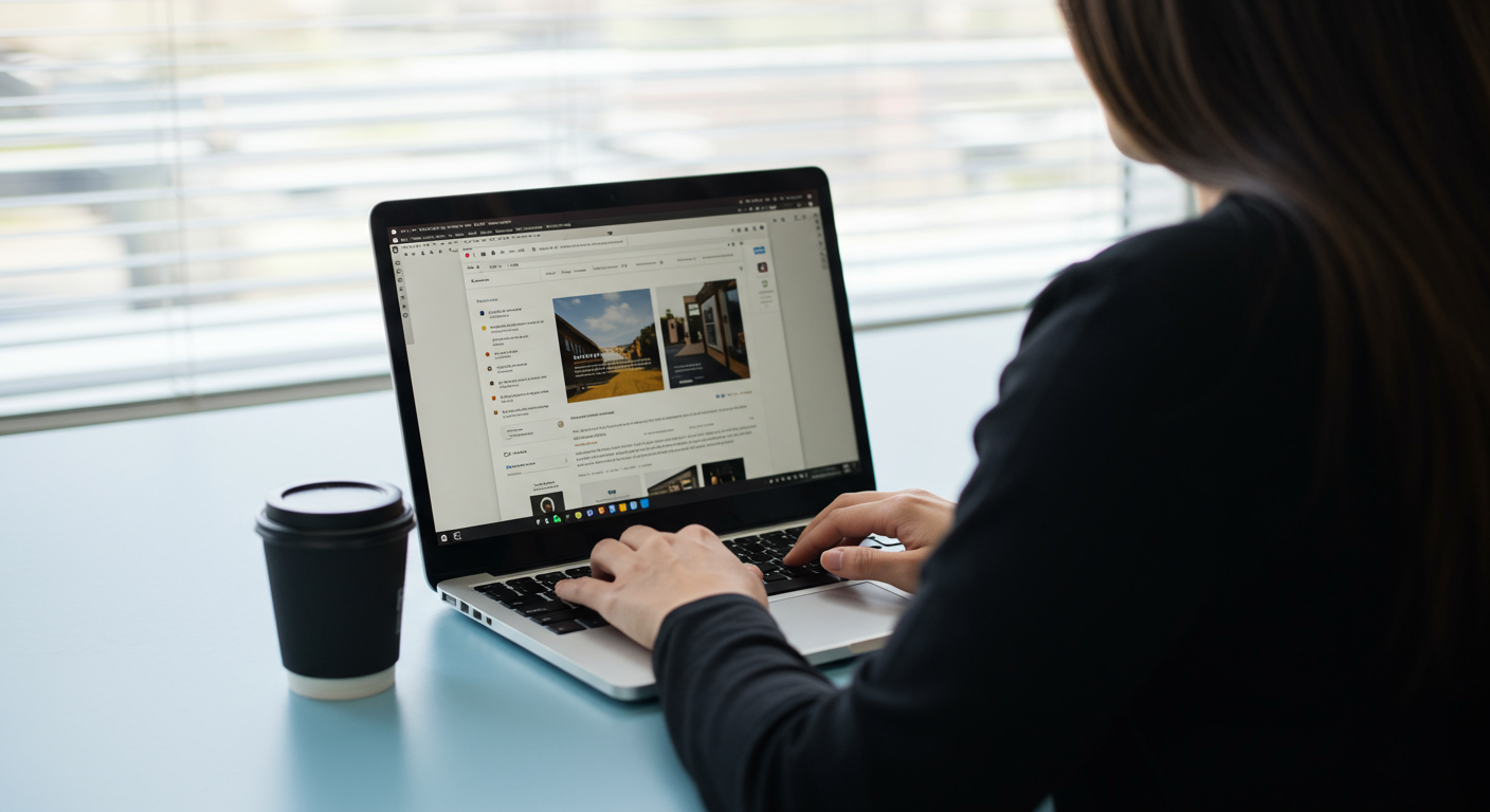 Person working on a laptop with a website displayed on the screen, alongside a coffee cup on a desk.