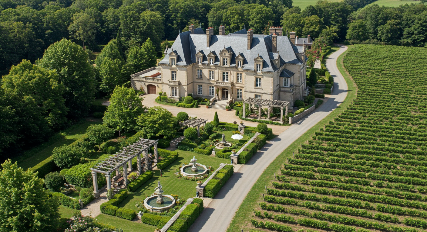 Stone manor and formal gardens with fountains, surrounded by vineyard rows and woodland.