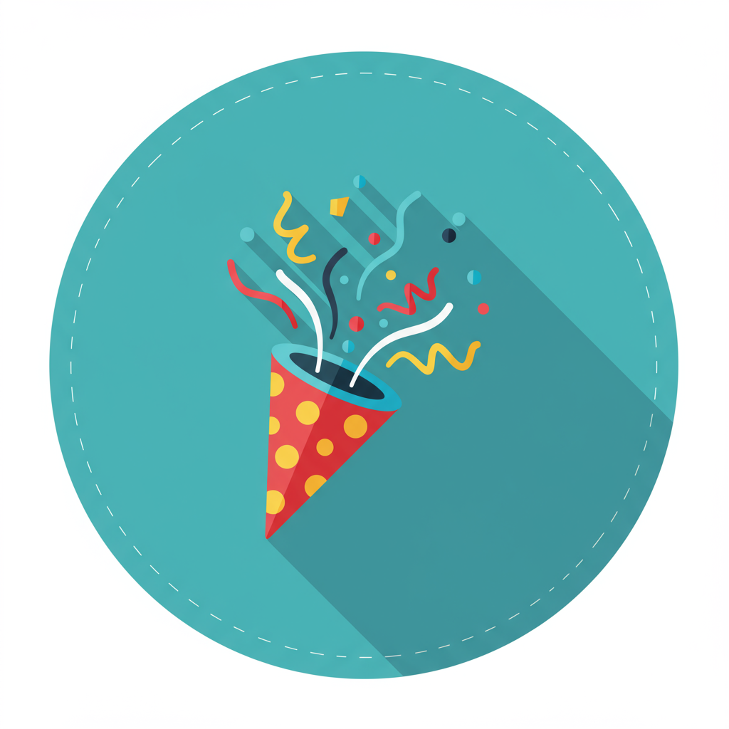Red-and-yellow party popper bursting with colorful streamers and confetti