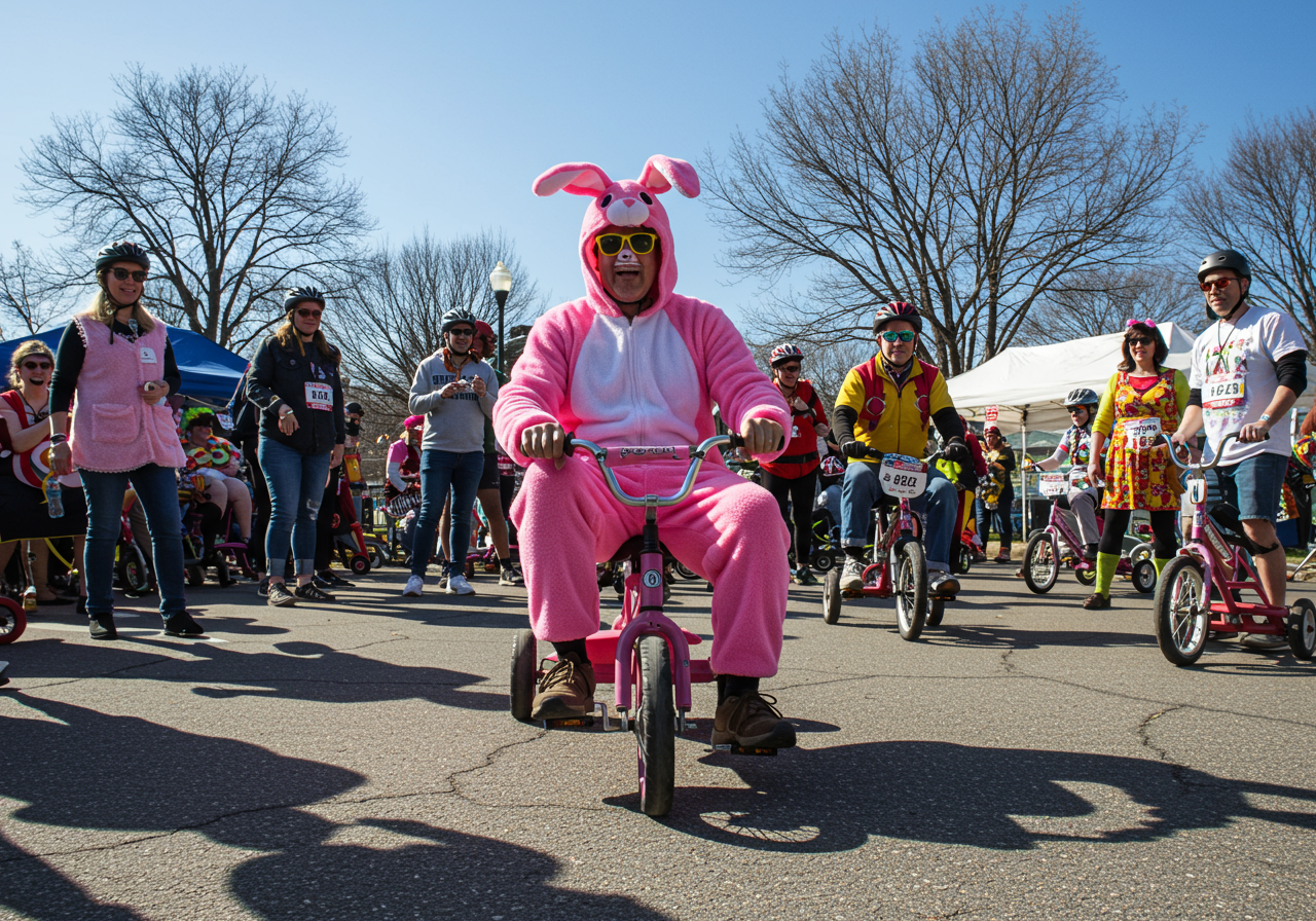 Costumed participants prepare to descend Vermont Street during the annual Bring Your Own Big Wheel event, on Sunday, April 17, in San Francisco.&nbsp;