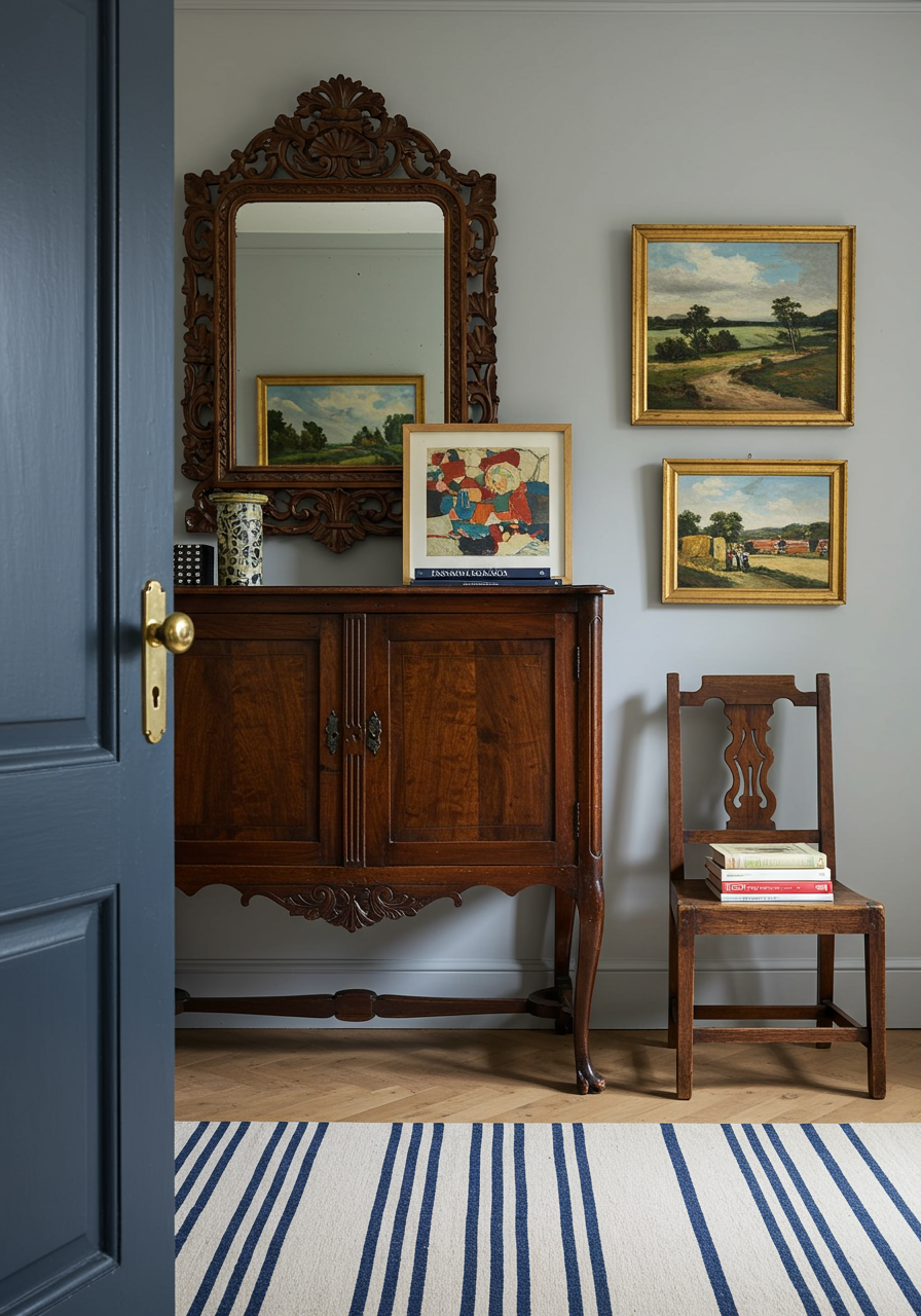 Mirror with ornate carved wood frame hangs over narrow black wood chest.