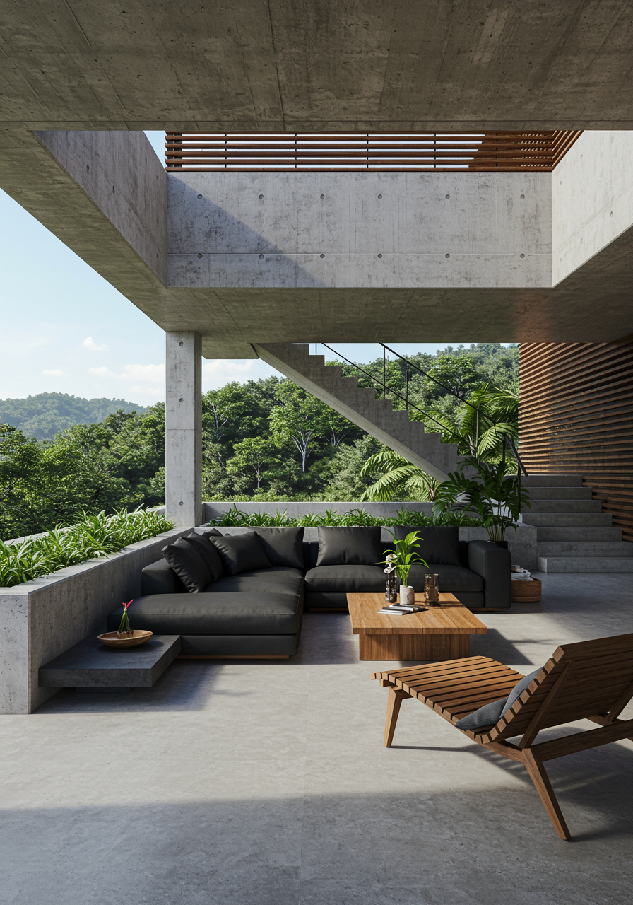 A lounge area on the pool deck features a sofa from Malibu Market Design upholstered in a Halley Stevensons waxed...