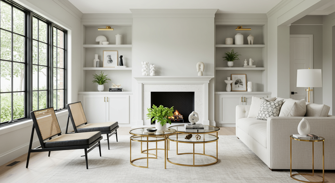 Modern living room with a white fireplace, built-in shelves, and stylish furniture, featuring a large window.