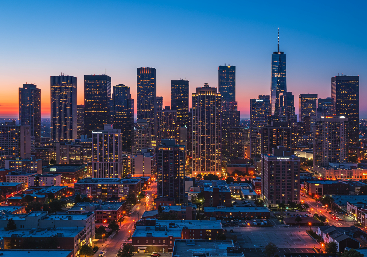 Houston city skyline at sunset, representing real estate opportunities in a vibrant urban market.