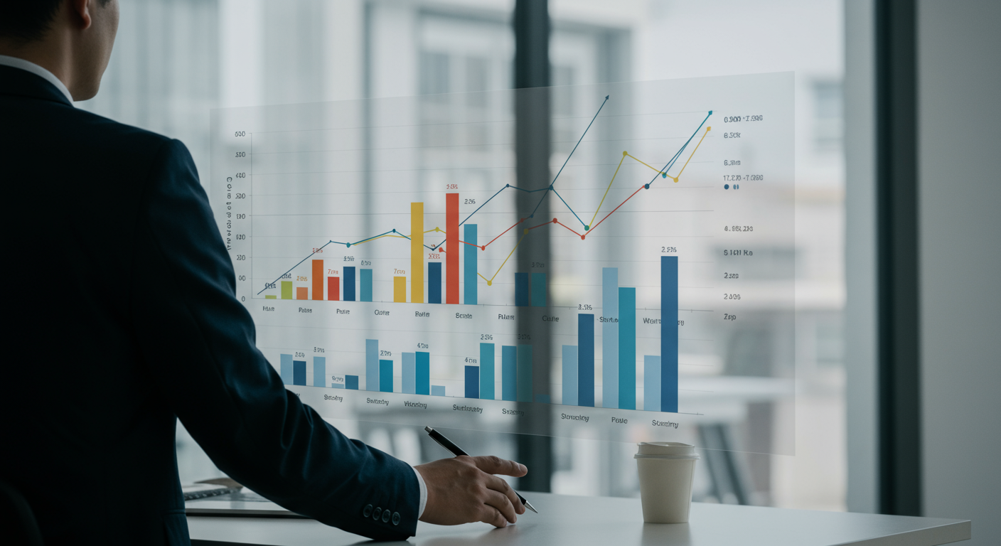 A suited person gestures toward colorful business charts beside a takeaway coffee cup.