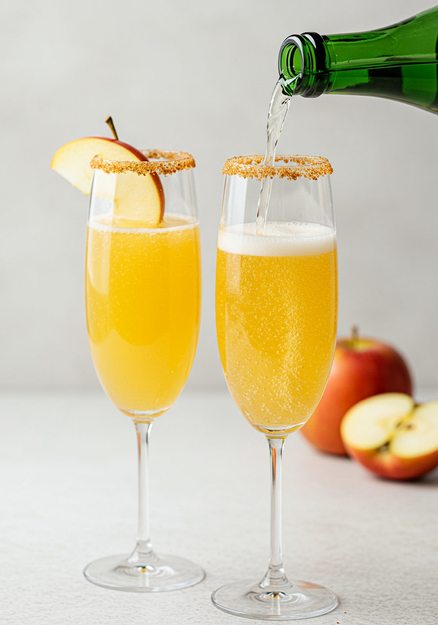 apple cider mimosas with a cinnamon rim and apple slices