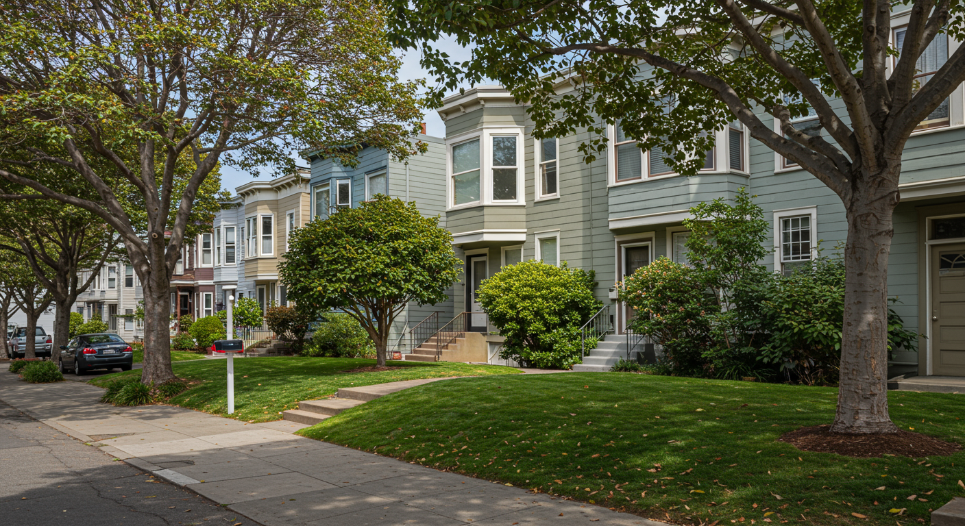 Three houses in a row with trees outside 