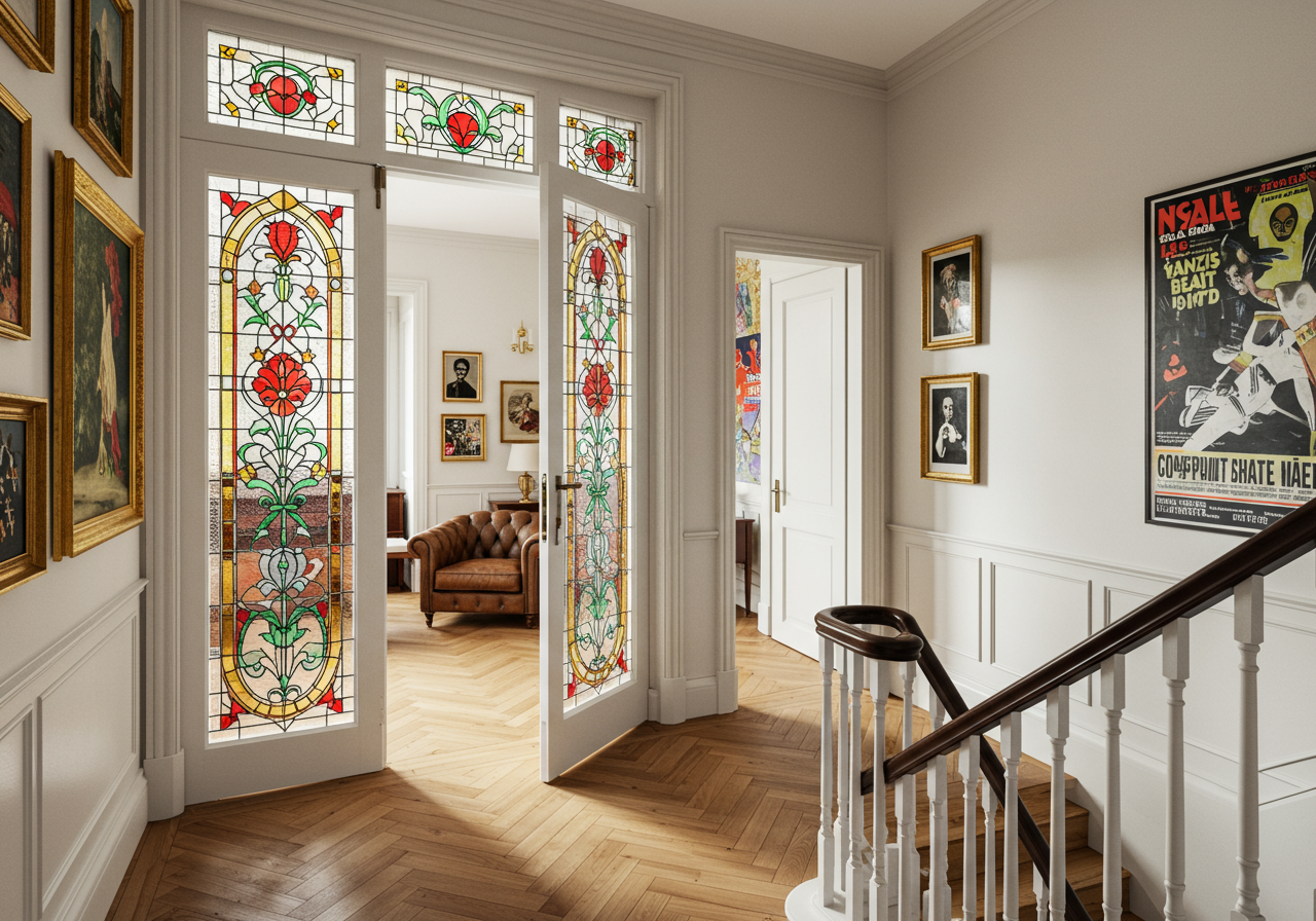 Entry hall with floral stained-glass doors, herringbone floors, and a dark wood staircase.