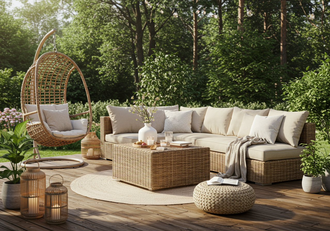 A serene outdoor setting adorned with bohemian furniture, creating a cozy living space.