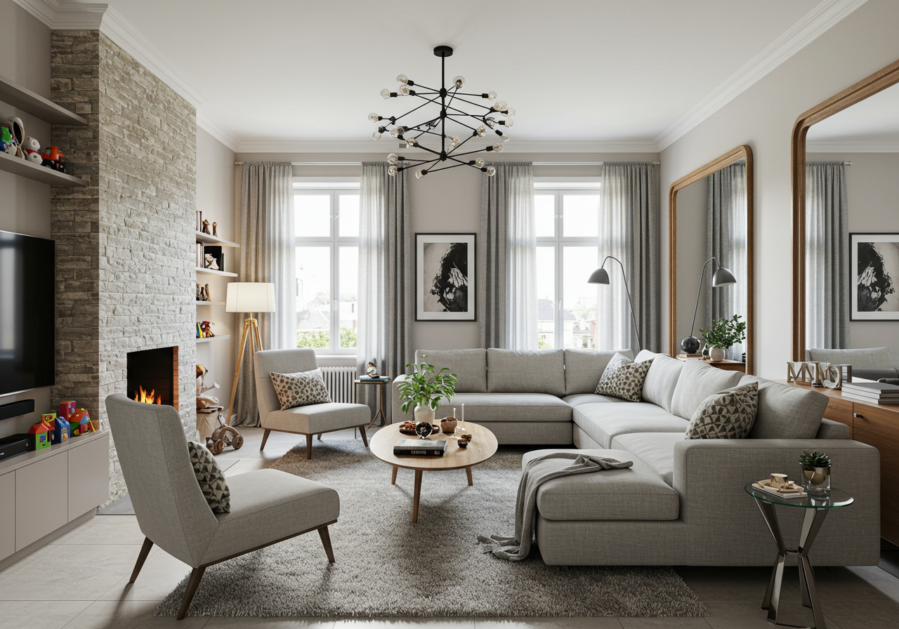 Living room with a gray sectional, stone fireplace, tall windows, and branching chandelier.
