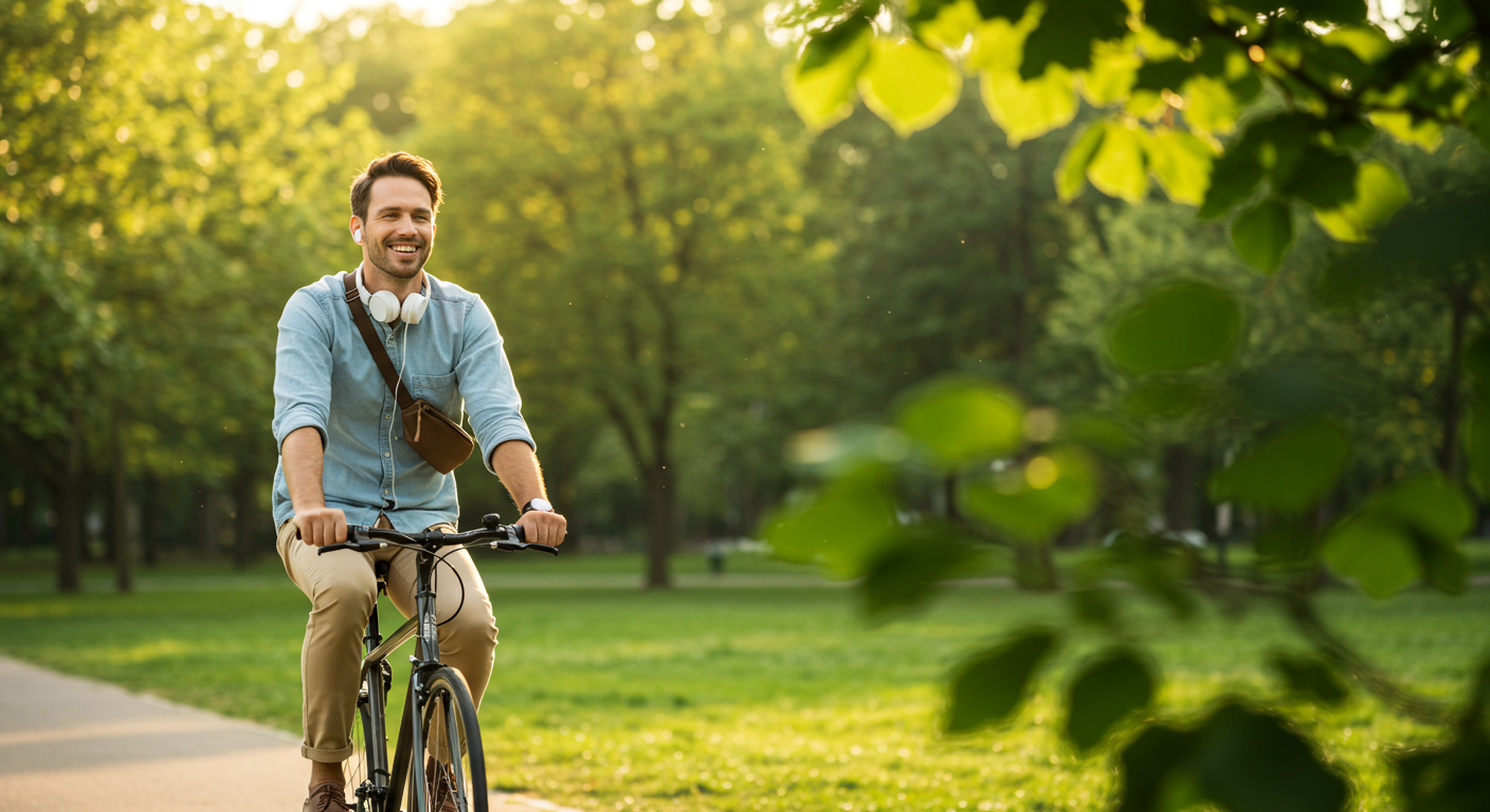 Portrait of a male commuter wearing bike helmet in a town. Safe cycling in city, bicycle co
