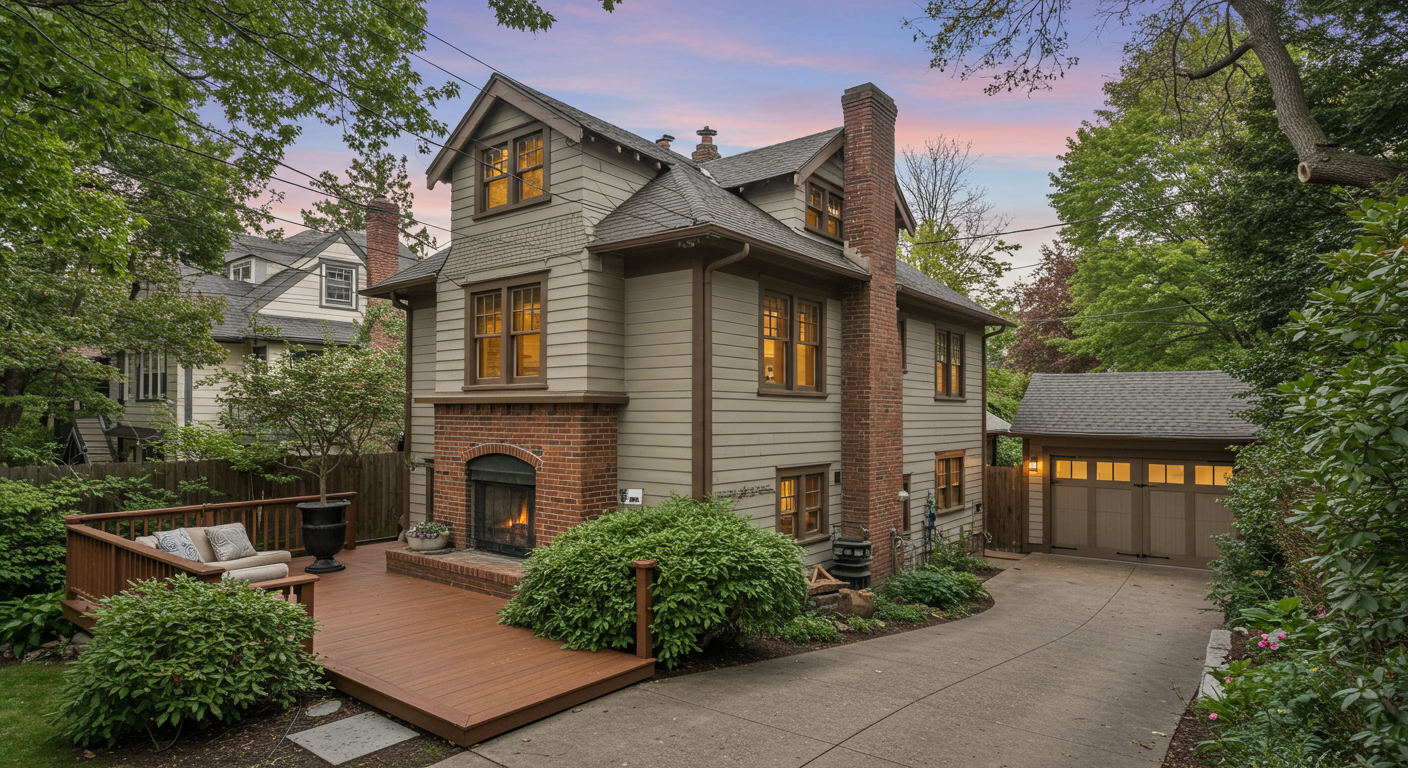 Two-story gray-sided home with brick chimneys, a raised deck, and attached garage at dusk.