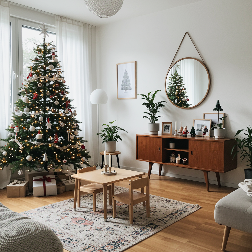 Christmas tree in dining room with small pompom garland. 