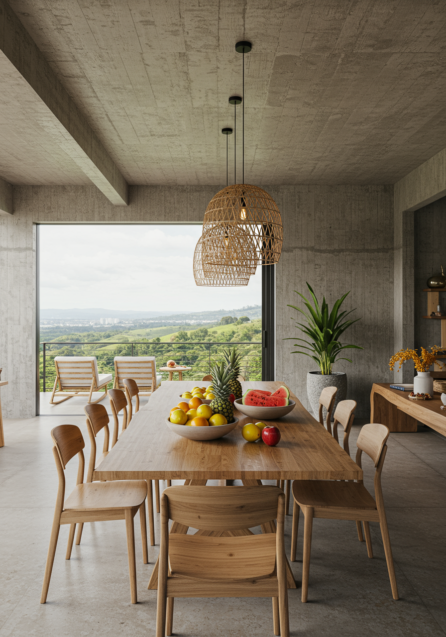 Handwoven pendant lights by Sara Efia Reddin hang above vintage French Mullca school chairs in the family kitchen.