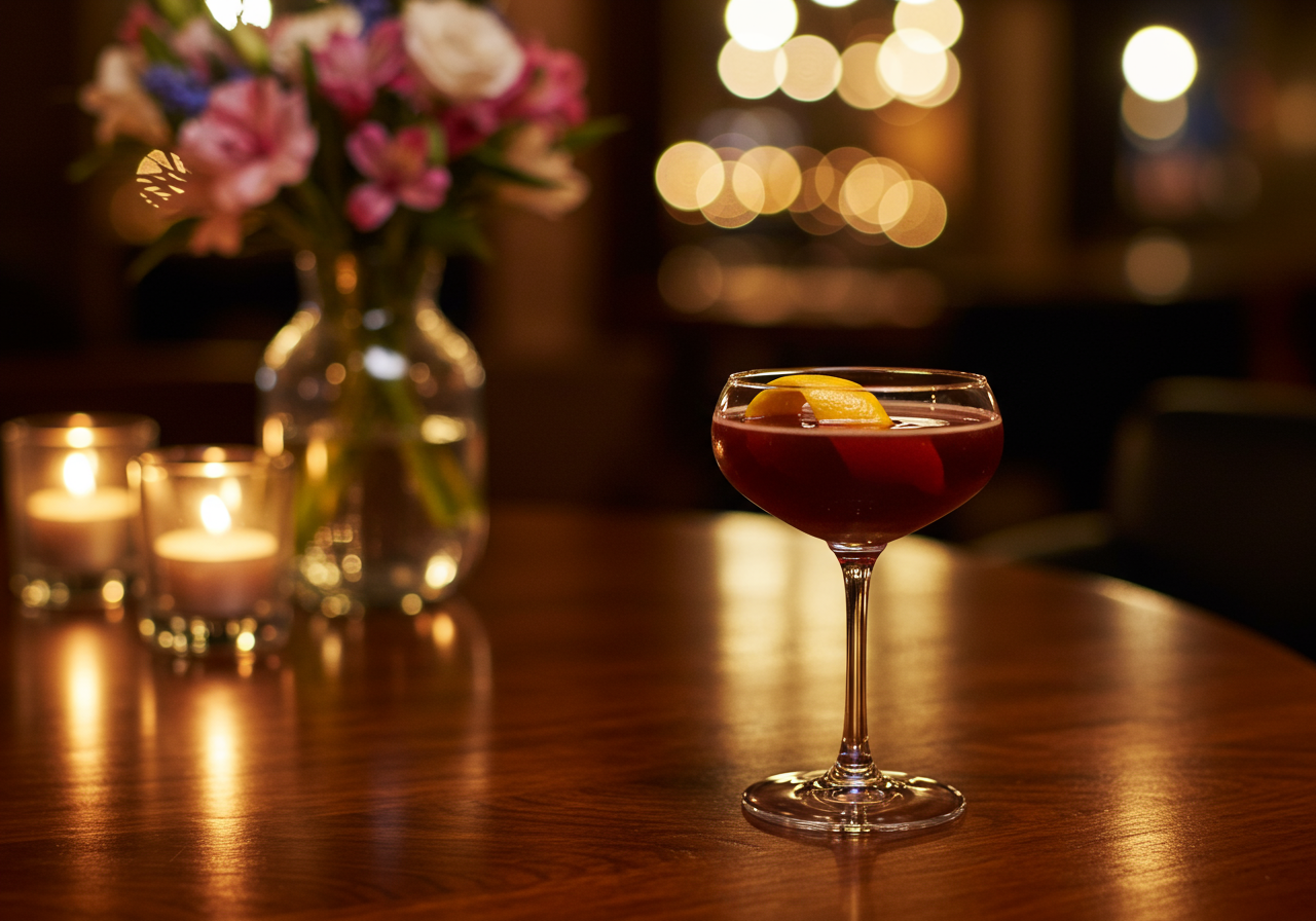 A cocktail in a coupe glass stands on a wooden table.
