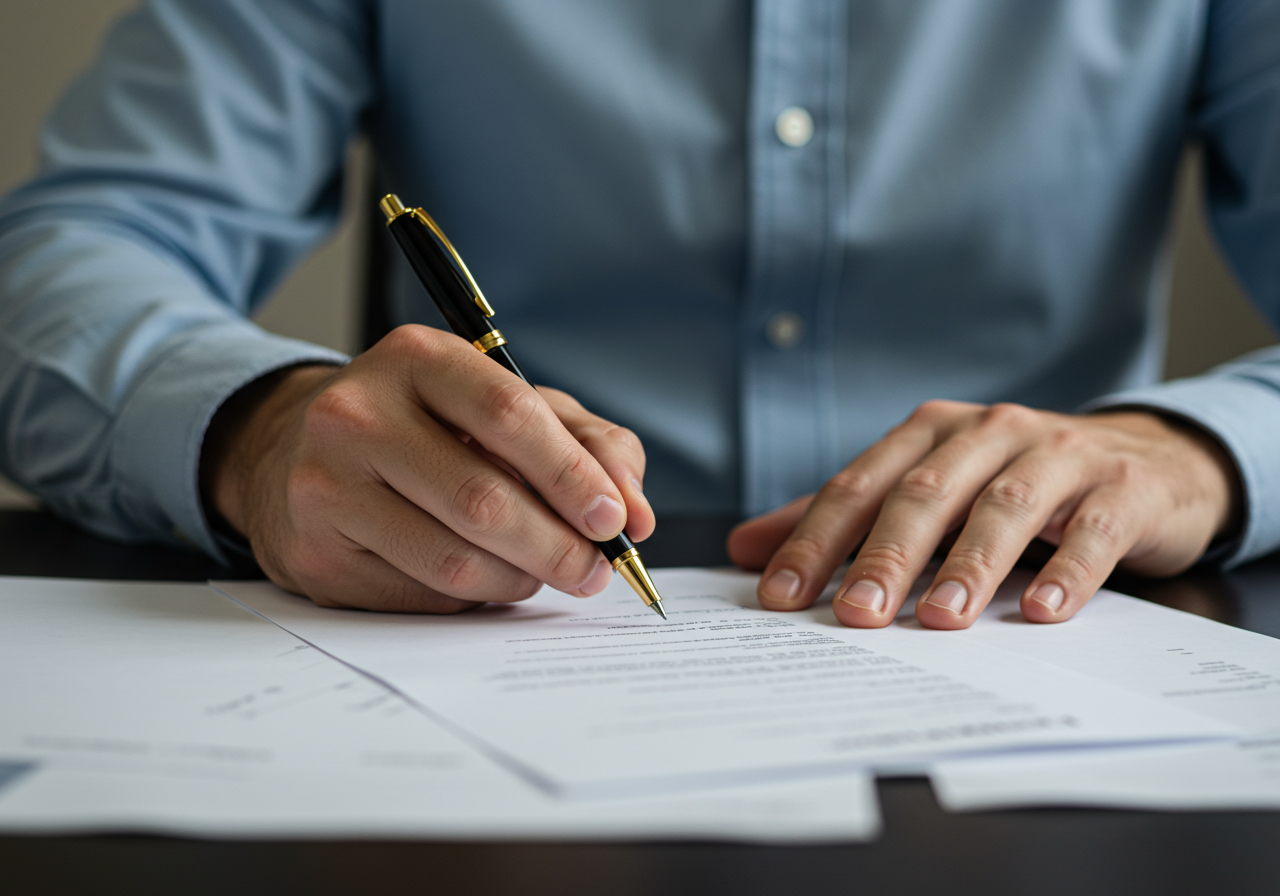 real estate agent sitting down to fill out paperwork