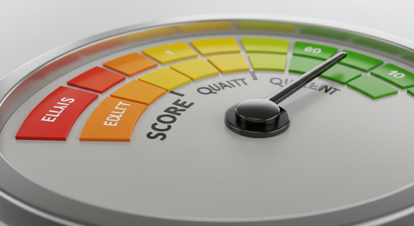 Credit score gauge with its needle pointing into the green range.