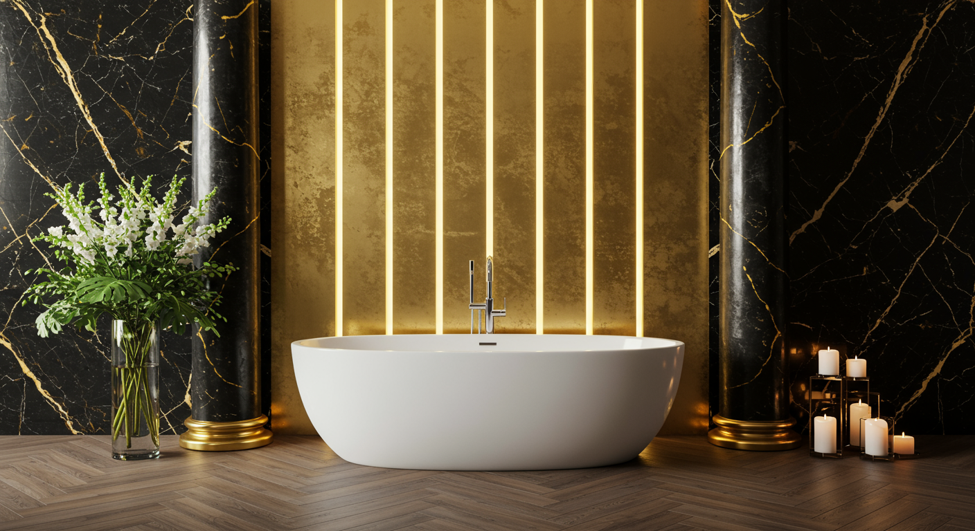 Luxury bathroom interior in classic style with a freestanding boat-shaped bathtub