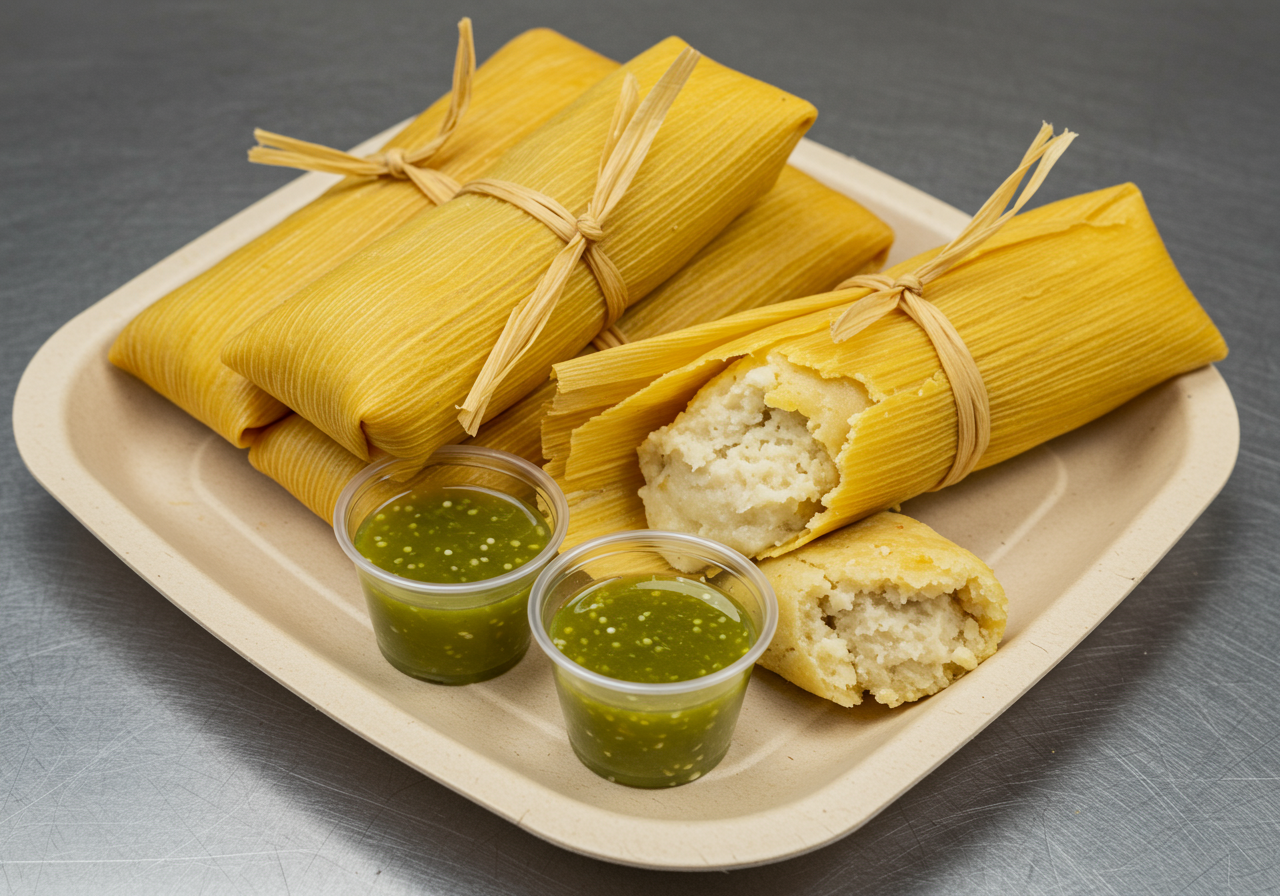 Two tamales, one split in half, with two cups of green salsa, on a square bamboo plate