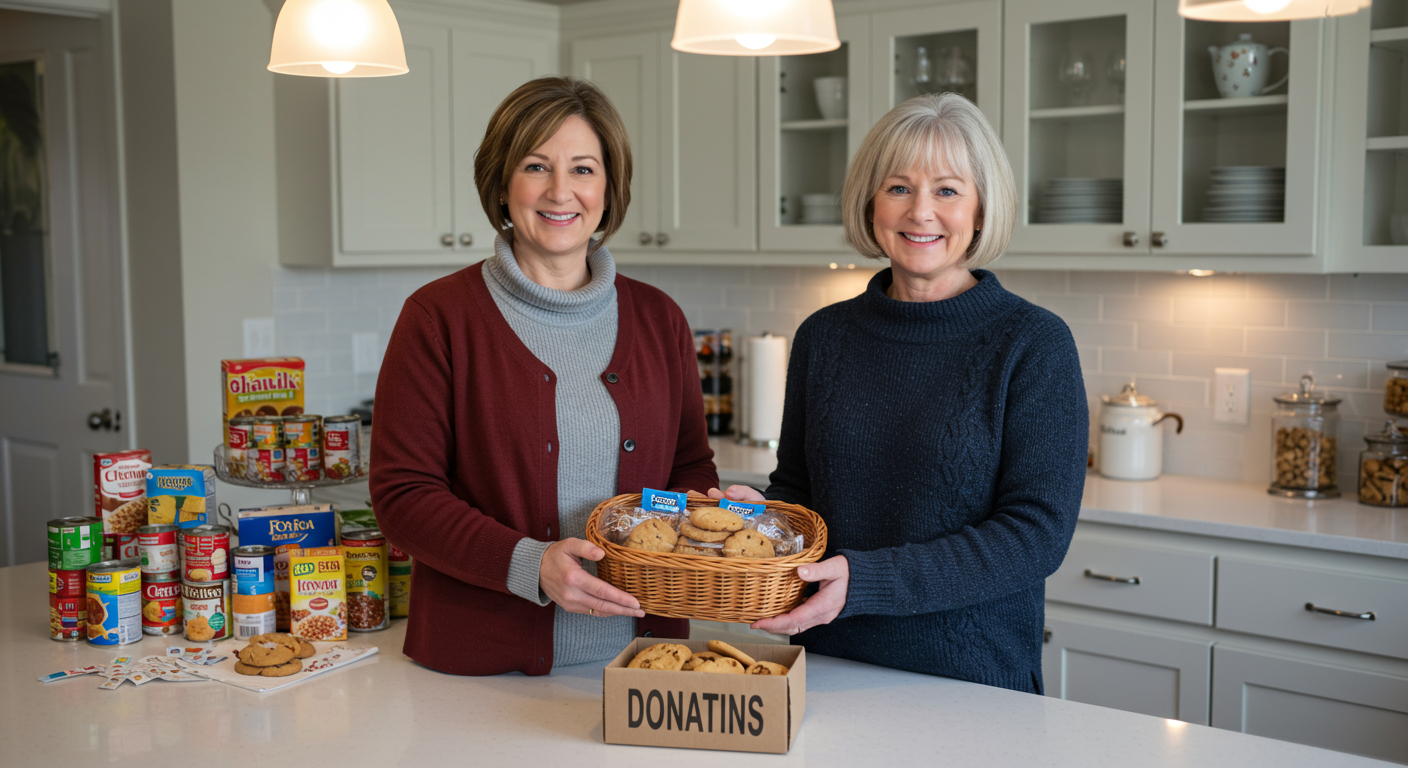 a couple of women standing in a kitchen with a basket of cookies