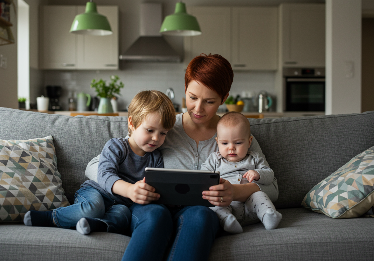 Mother and two young children sit together on a sofa, looking at a tablet.