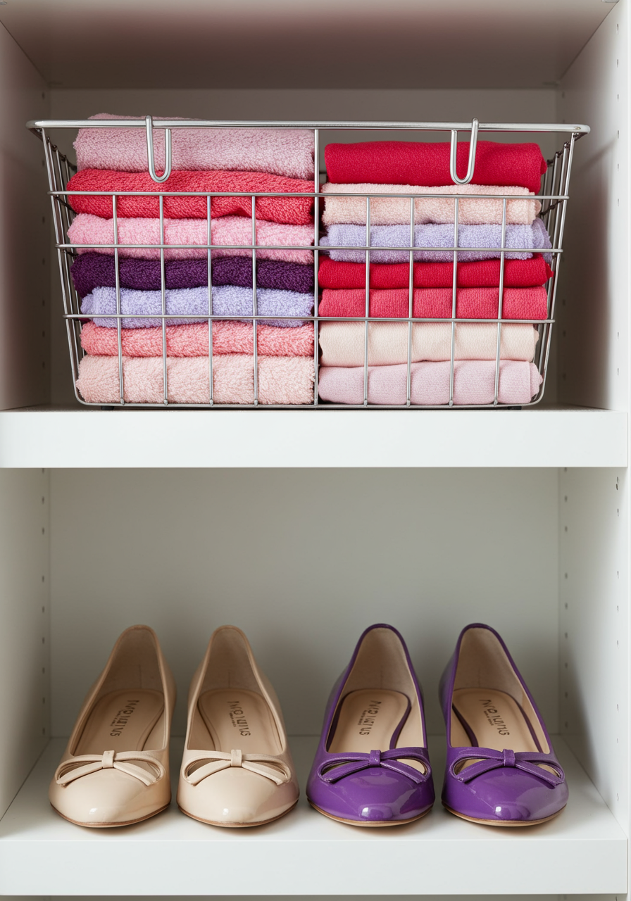 detail of clothes in wire basket sitting on closet shelf