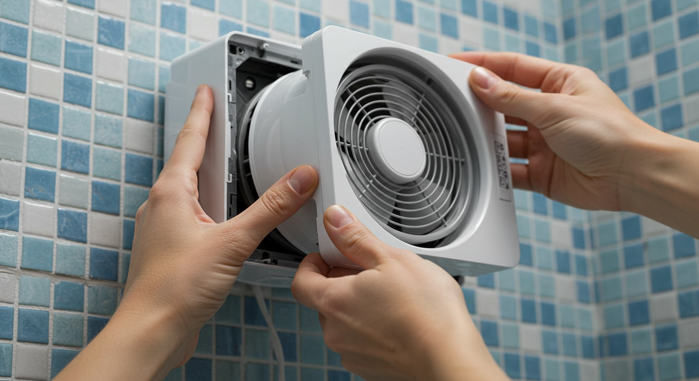 Someone checking a bath exhaust fan.