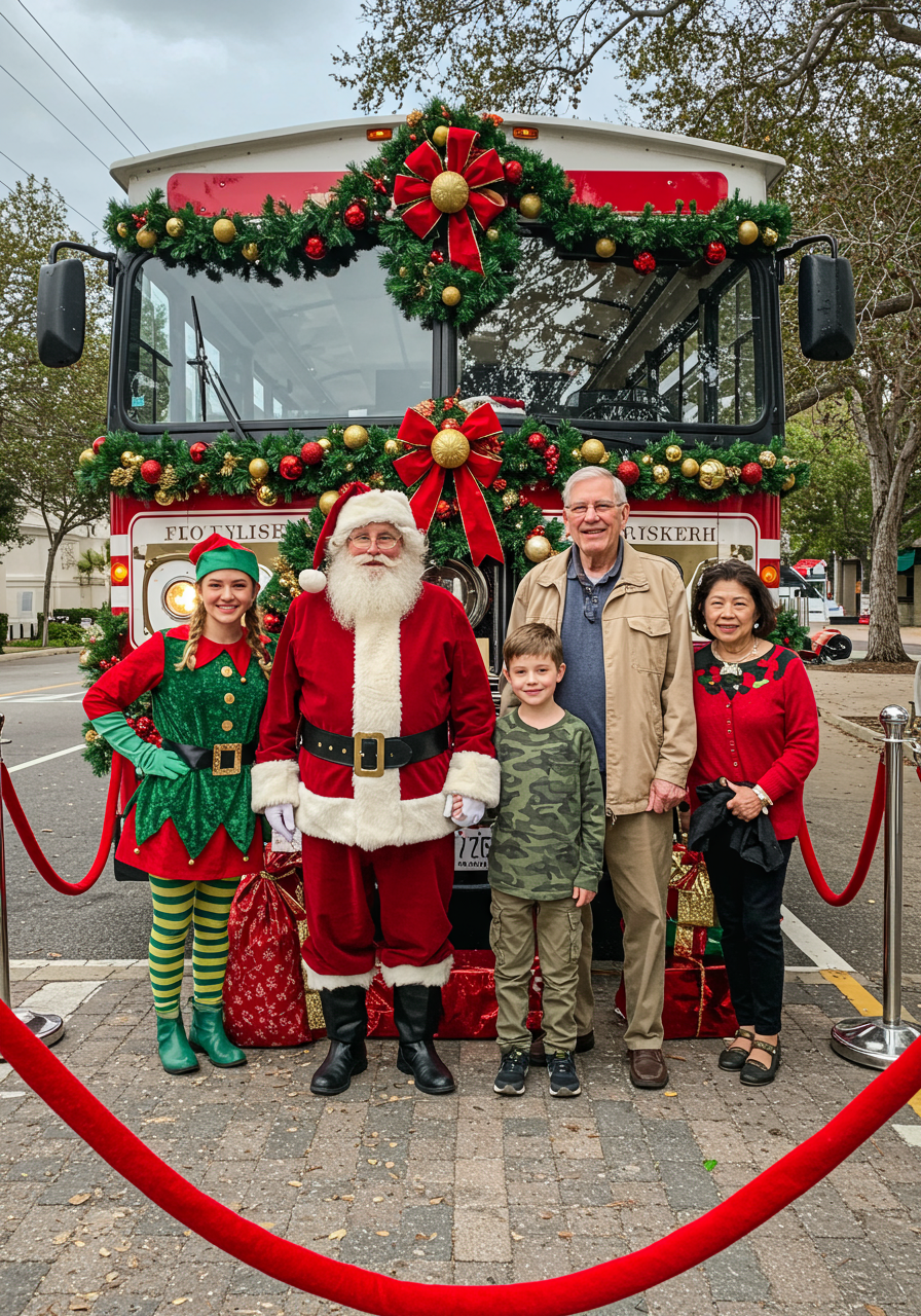 Dana Point Holiday Trolley with palm trees and shoppers
