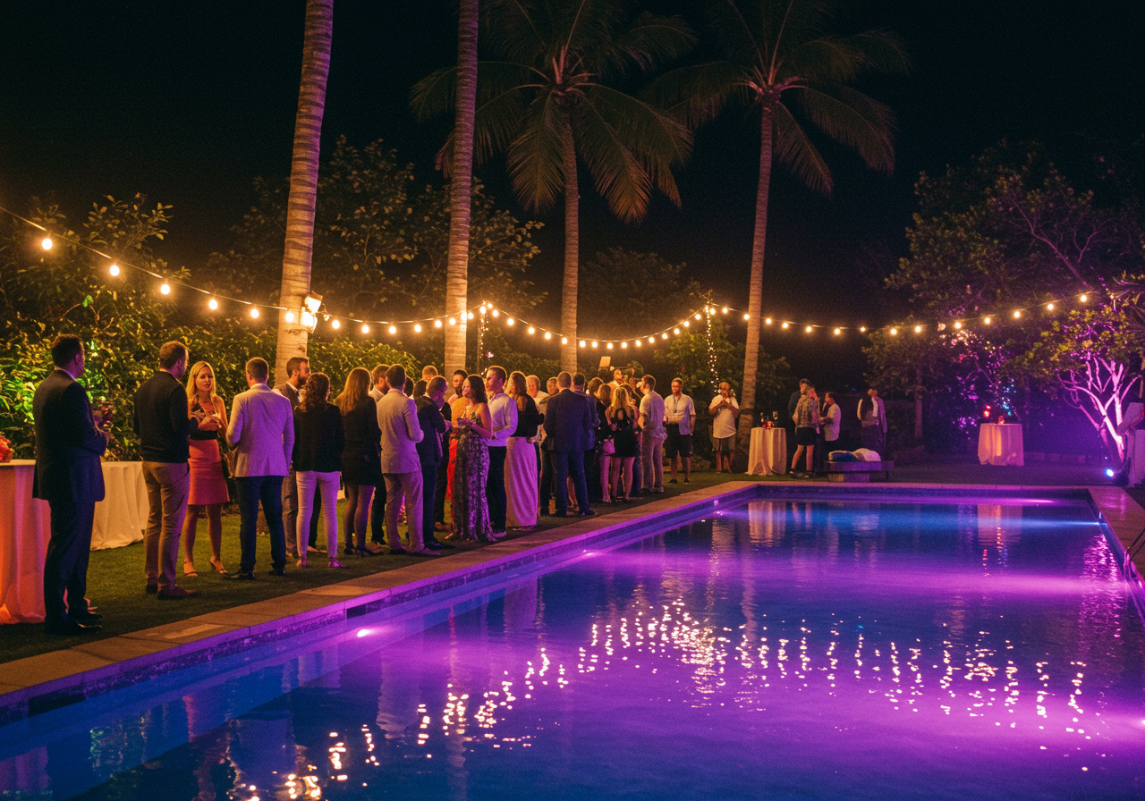 A blue lit swimming pool flanked by participants in a food festival. 