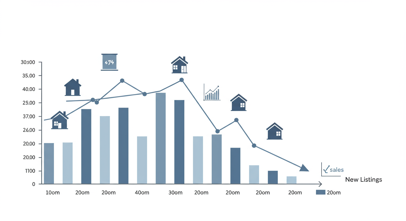 Real estate chart showing bars, a descending sales line, house icons, and new listings.