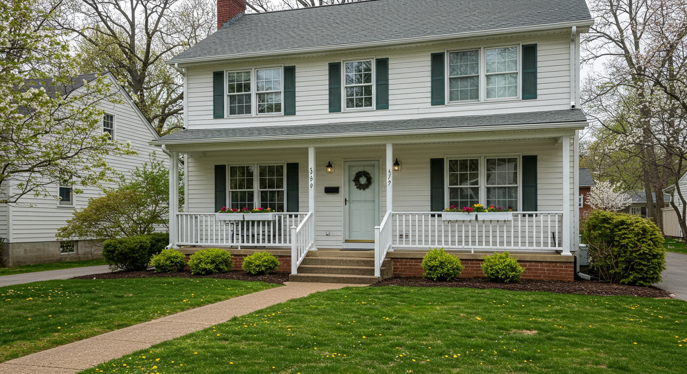 A two-story Colonial-style white house with a flower and plant box, a front porch with railings, a walkway, and a front lawn.
