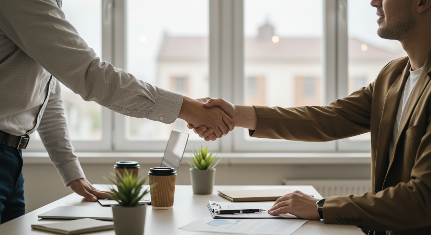 Two individuals shaking hands over a desk in a bright office setting.
